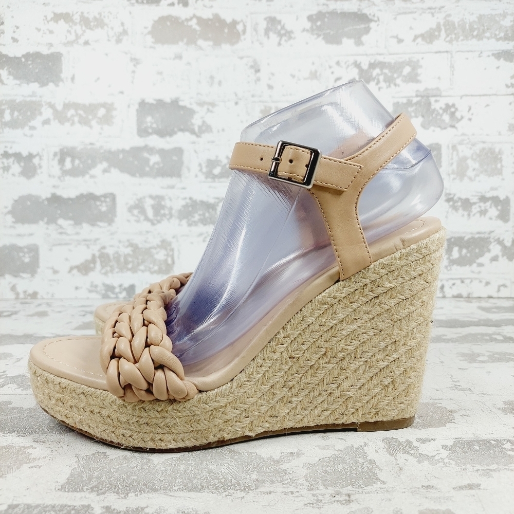 New BP. Goldie Beige Braided Ankle Buckle Espadrille Wedge Sandal i398